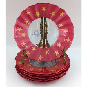Smithereens Hand Painted Glass Salad Plate Set of 6 Plates Red Gold Stars Signed